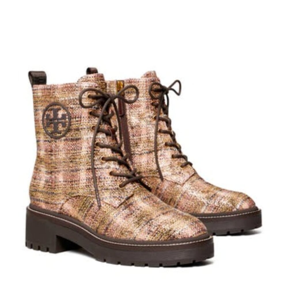 Tory Burch Rose Gold Metallic Brown Tweed Boots - Size: 5.5